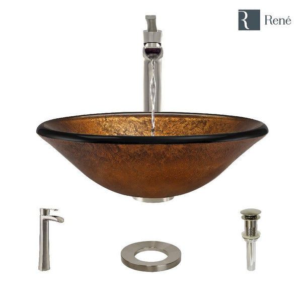 Rene 18" Round Glass Bathroom Sink, Orange Gold Foil, with Faucet, R5-5013-R9-7007-BN
