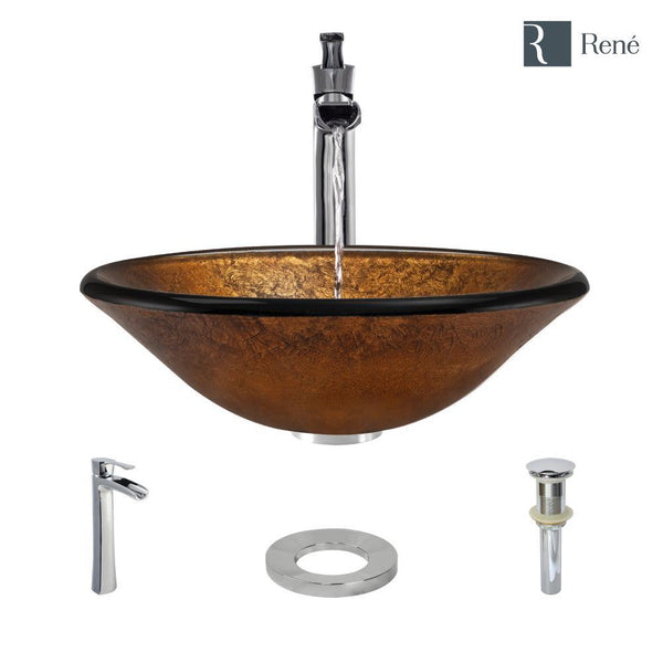 Rene 18" Round Glass Bathroom Sink, Orange Gold Foil, with Faucet, R5-5013-R9-7007-C