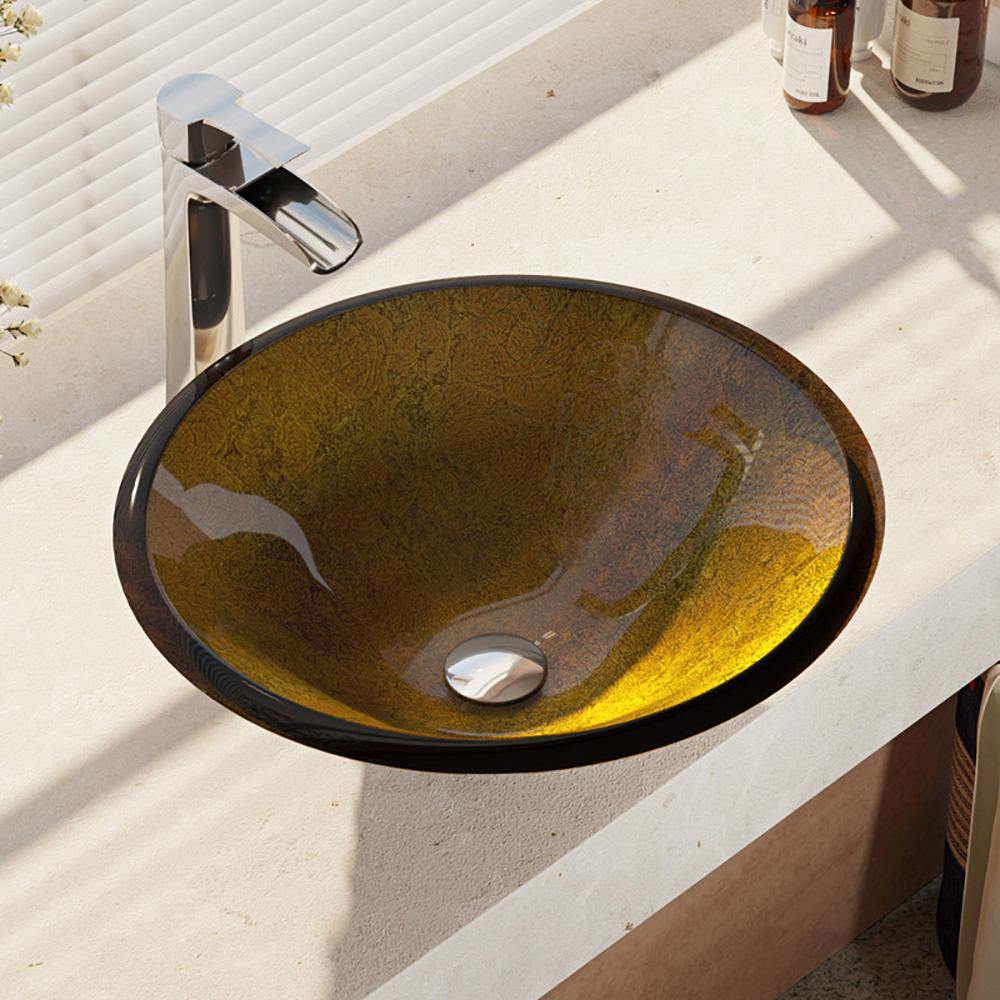 Rene 18" Round Glass Bathroom Sink, Orange Gold Foil, with Faucet, R5-5013-R9-7007-C - The Sink Boutique