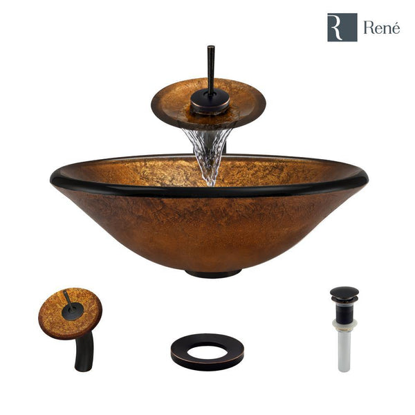 Rene 18" Round Glass Bathroom Sink, Orange Gold Foil, with Faucet, R5-5013-WF-ABR