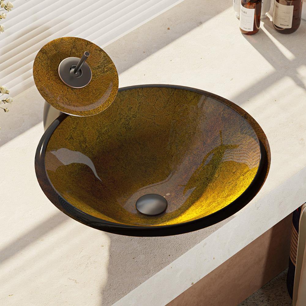 Rene 18" Round Glass Bathroom Sink, Orange Gold Foil, with Faucet, R5-5013-WF-ABR - The Sink Boutique