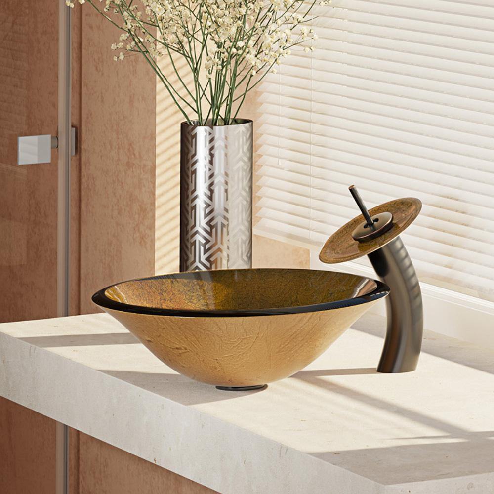 Rene 18" Round Glass Bathroom Sink, Orange Gold Foil, with Faucet, R5-5013-WF-ABR - The Sink Boutique