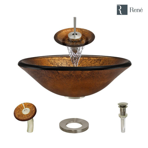 Rene 18" Round Glass Bathroom Sink, Orange Gold Foil, with Faucet, R5-5013-WF-BN