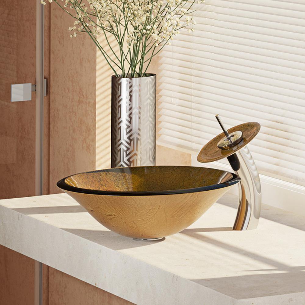 Rene 18" Round Glass Bathroom Sink, Orange Gold Foil, with Faucet, R5-5013-WF-C - The Sink Boutique