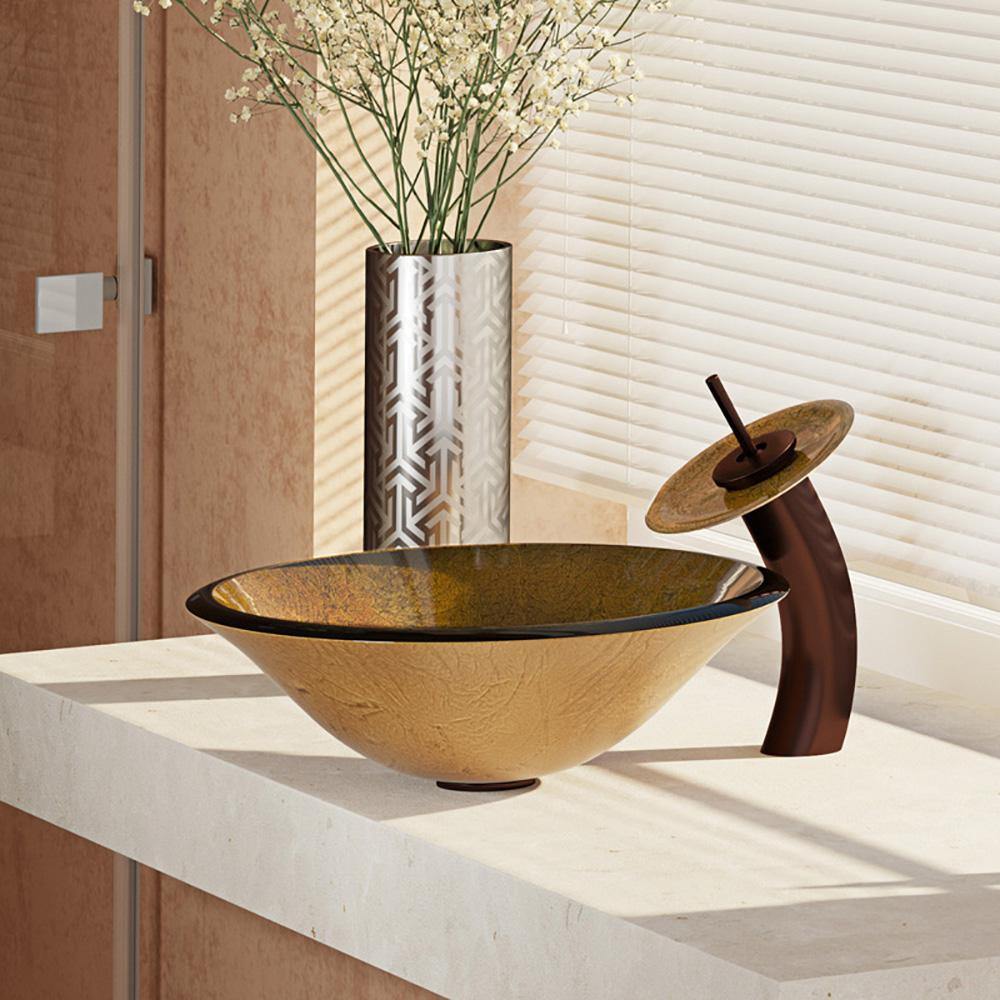 Rene 18" Round Glass Bathroom Sink, Orange Gold Foil, with Faucet, R5-5013-WF-ORB - The Sink Boutique