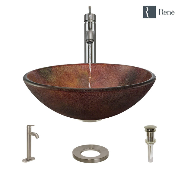 Rene 17" Round Glass Bathroom Sink, Multi-Color, with Faucet, R5-5014-R9-7001-BN