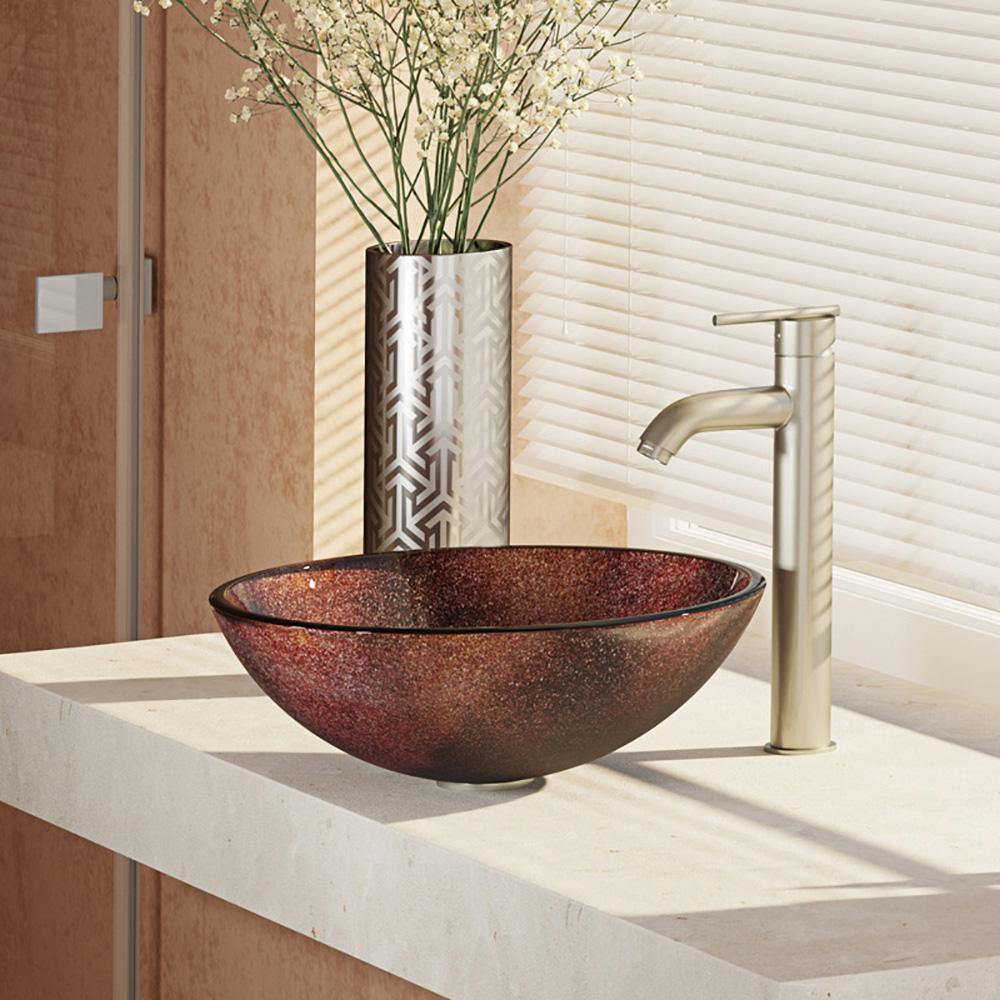 Rene 17" Round Glass Bathroom Sink, Multi-Color, with Faucet, R5-5014-R9-7001-BN - The Sink Boutique
