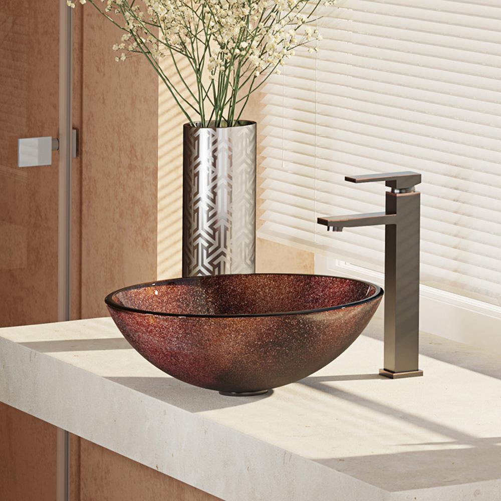 Rene 17" Round Glass Bathroom Sink, Multi-Color, with Faucet, R5-5014-R9-7003-ABR - The Sink Boutique