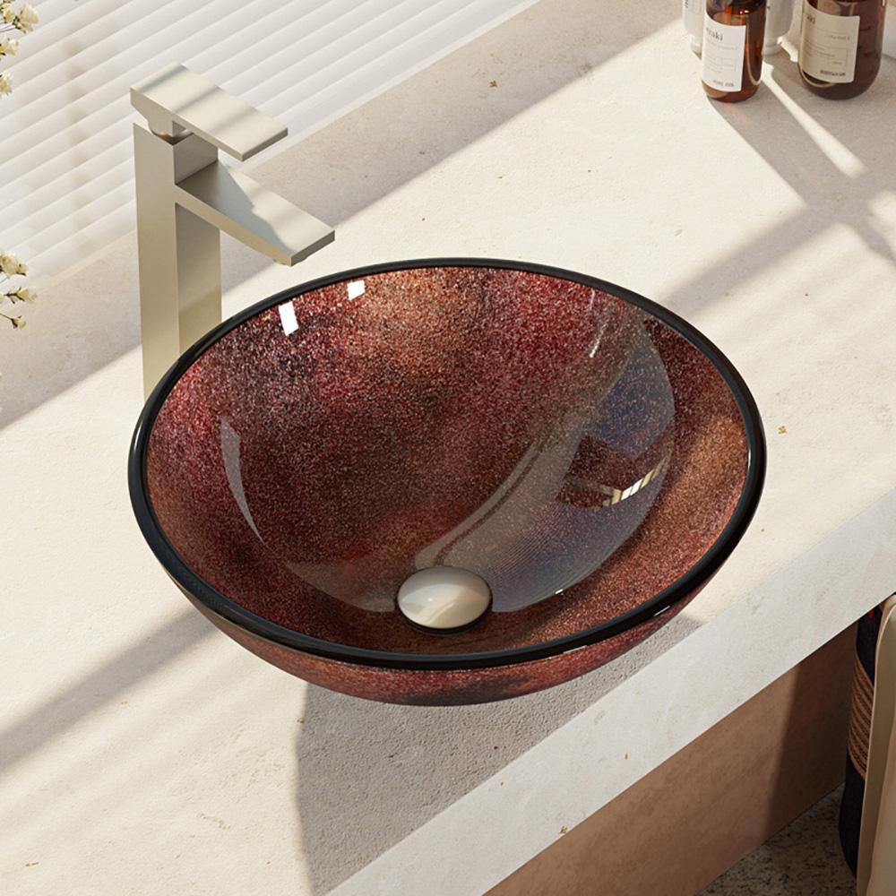 Rene 17" Round Glass Bathroom Sink, Multi-Color, with Faucet, R5-5014-R9-7003-BN - The Sink Boutique