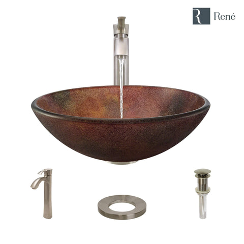 Rene 17" Round Glass Bathroom Sink, Multi-Color, with Faucet, R5-5014-R9-7006-BN