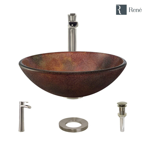 Rene 17" Round Glass Bathroom Sink, Multi-Color, with Faucet, R5-5014-R9-7007-BN