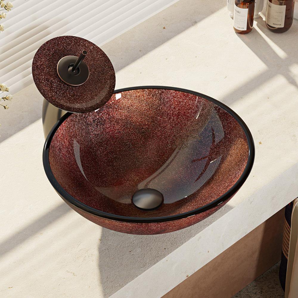 Rene 17" Round Glass Bathroom Sink, Multi-Color, with Faucet, R5-5014-WF-ABR - The Sink Boutique