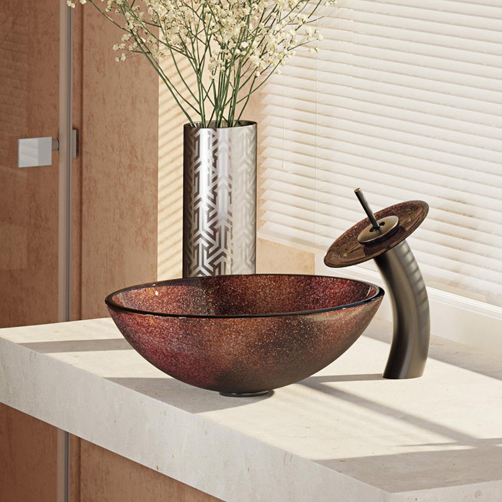 Rene 17" Round Glass Bathroom Sink, Multi-Color, with Faucet, R5-5014-WF-ABR - The Sink Boutique
