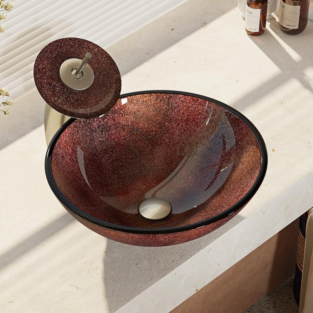 Rene 17" Round Glass Bathroom Sink, Multi-Color, with Faucet, R5-5014-WF-BN - The Sink Boutique