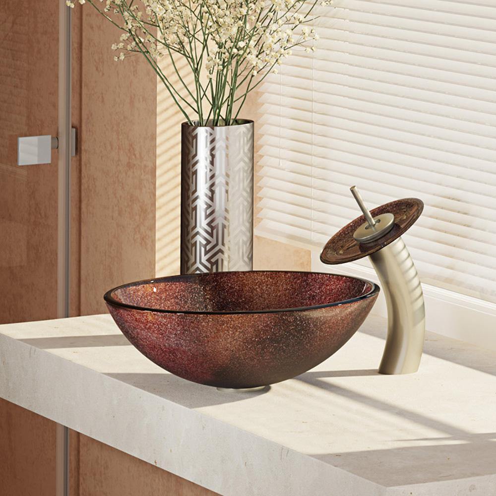 Rene 17" Round Glass Bathroom Sink, Multi-Color, with Faucet, R5-5014-WF-BN - The Sink Boutique