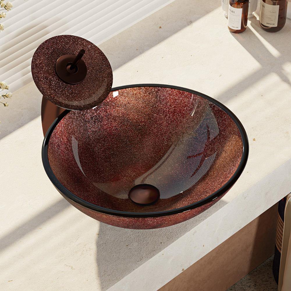 Rene 17" Round Glass Bathroom Sink, Multi-Color, with Faucet, R5-5014-WF-ORB - The Sink Boutique
