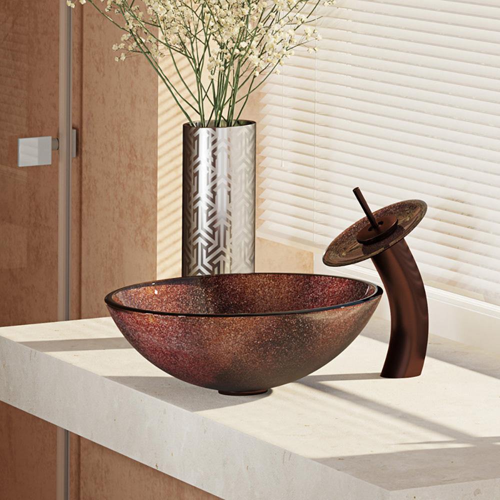 Rene 17" Round Glass Bathroom Sink, Multi-Color, with Faucet, R5-5014-WF-ORB - The Sink Boutique