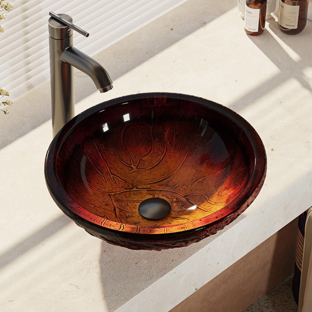 Rene 17" Round Glass Bathroom Sink, Fiery Red, with Faucet, R5-5018-R9-7001-ABR - The Sink Boutique