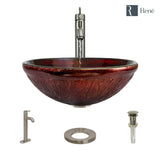 Rene 17" Round Glass Bathroom Sink, Fiery Red, with Faucet, R5-5018-R9-7001-BN