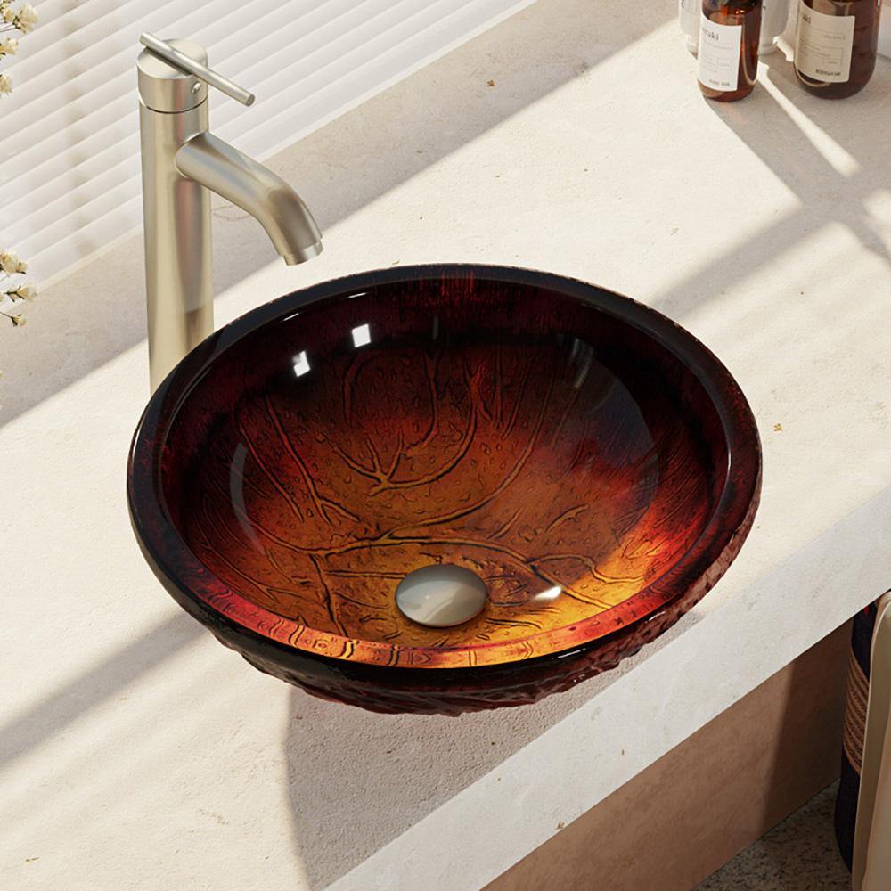 Rene 17" Round Glass Bathroom Sink, Fiery Red, with Faucet, R5-5018-R9-7001-BN - The Sink Boutique