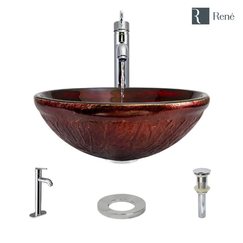 Rene 17" Round Glass Bathroom Sink, Fiery Red, with Faucet, R5-5018-R9-7001-C
