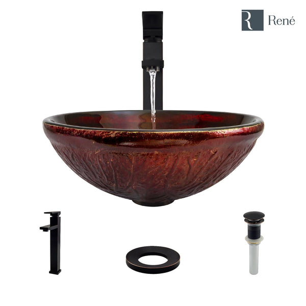 Rene 17" Round Glass Bathroom Sink, Fiery Red, with Faucet, R5-5018-R9-7003-ABR