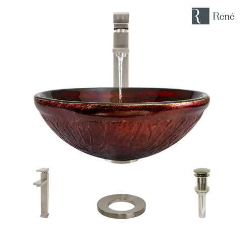 Rene 17" Round Glass Bathroom Sink, Fiery Red, with Faucet, R5-5018-R9-7003-BN