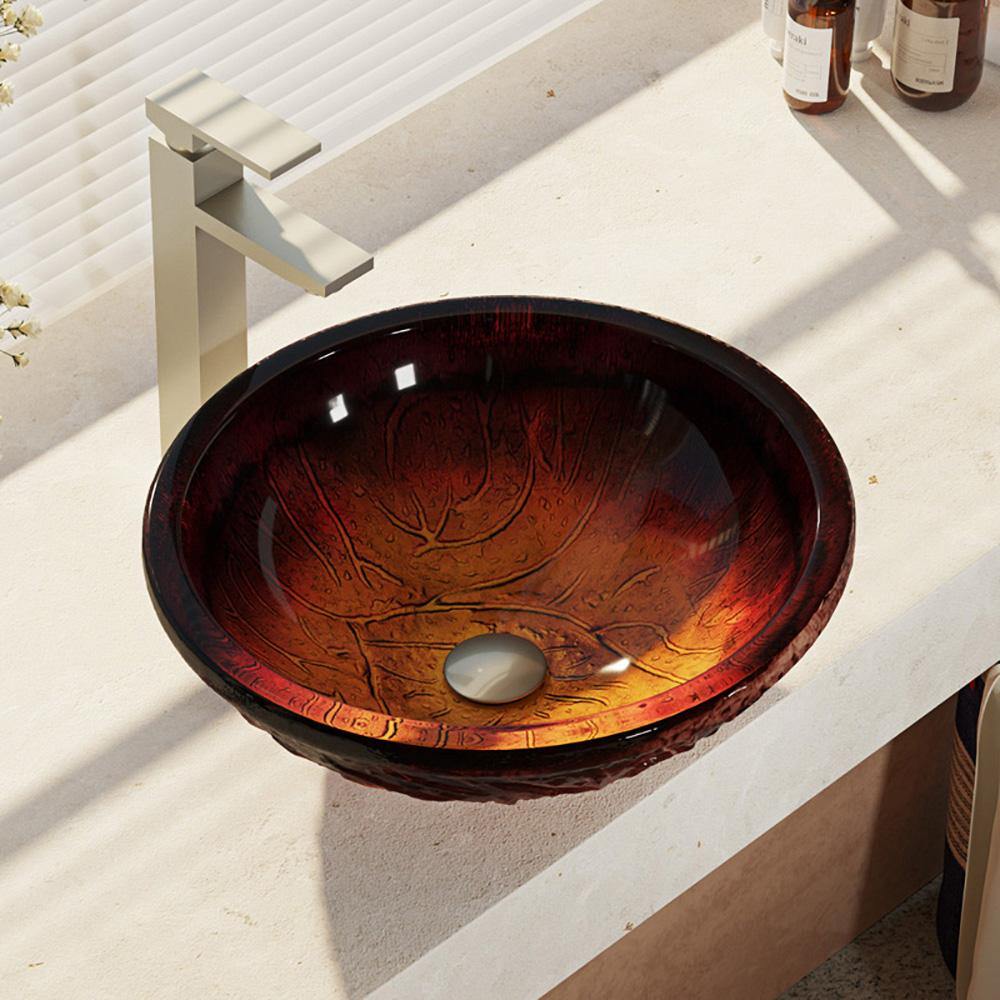 Rene 17" Round Glass Bathroom Sink, Fiery Red, with Faucet, R5-5018-R9-7003-BN - The Sink Boutique