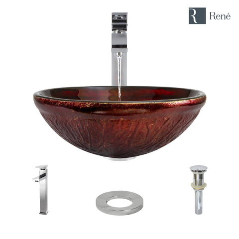 Rene 17" Round Glass Bathroom Sink, Fiery Red, with Faucet, R5-5018-R9-7003-C