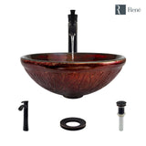 Rene 17" Round Glass Bathroom Sink, Fiery Red, with Faucet, R5-5018-R9-7006-ABR