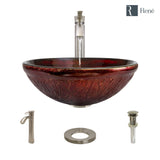 Rene 17" Round Glass Bathroom Sink, Fiery Red, with Faucet, R5-5018-R9-7006-BN