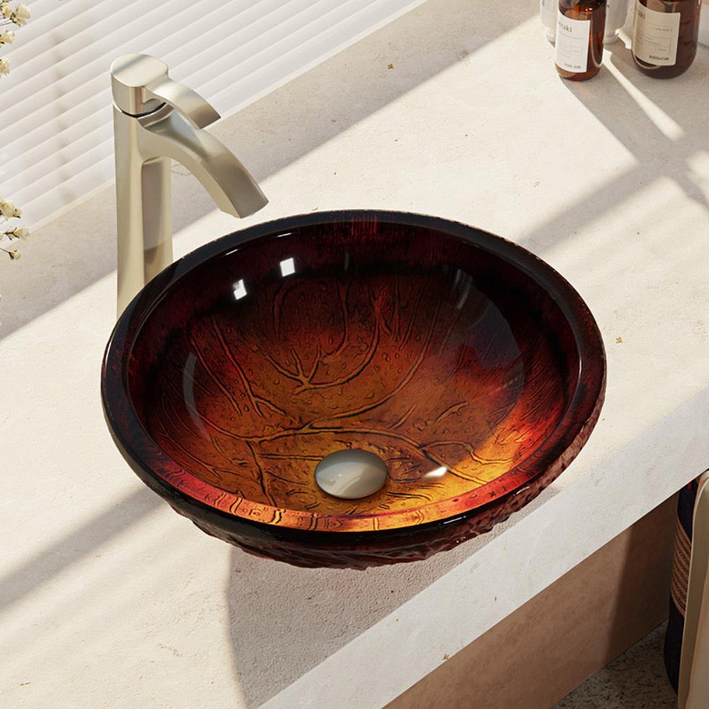 Rene 17" Round Glass Bathroom Sink, Fiery Red, with Faucet, R5-5018-R9-7006-BN - The Sink Boutique
