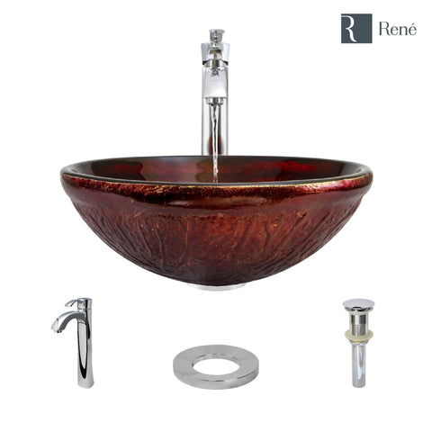 Rene 17" Round Glass Bathroom Sink, Fiery Red, with Faucet, R5-5018-R9-7006-C
