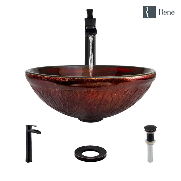 Rene 17" Round Glass Bathroom Sink, Fiery Red, with Faucet, R5-5018-R9-7007-ABR