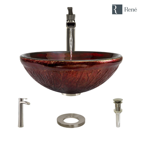 Rene 17" Round Glass Bathroom Sink, Fiery Red, with Faucet, R5-5018-R9-7007-BN