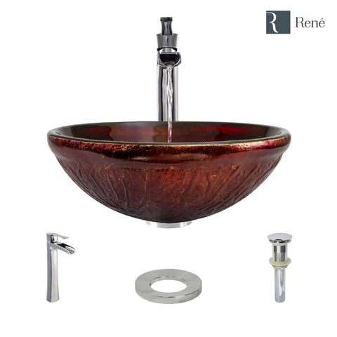 Rene 17" Round Glass Bathroom Sink, Fiery Red, with Faucet, R5-5018-R9-7007-C