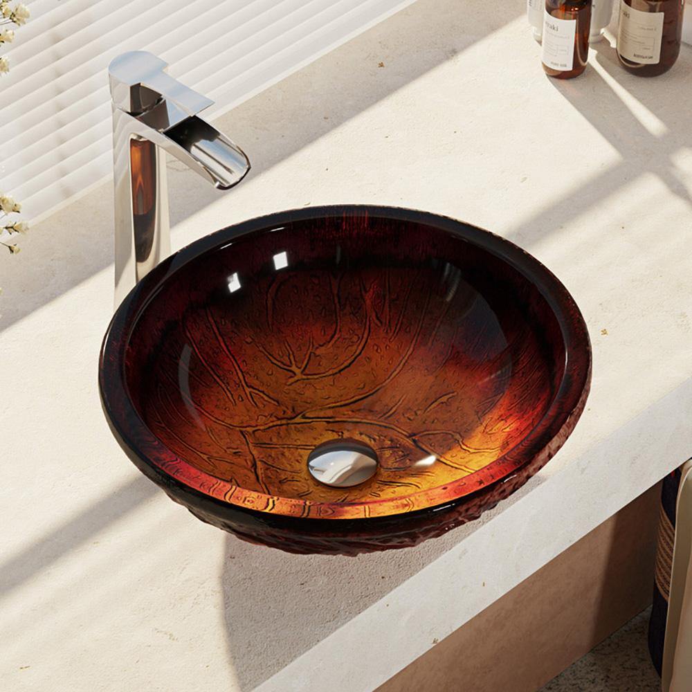Rene 17" Round Glass Bathroom Sink, Fiery Red, with Faucet, R5-5018-R9-7007-C - The Sink Boutique