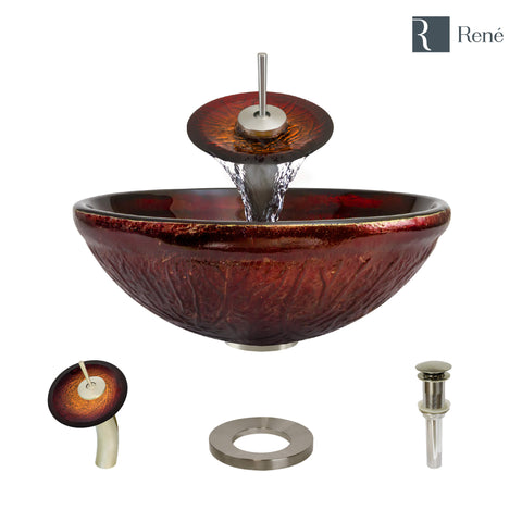 Rene 17" Round Glass Bathroom Sink, Fiery Red, with Faucet, R5-5018-WF-BN