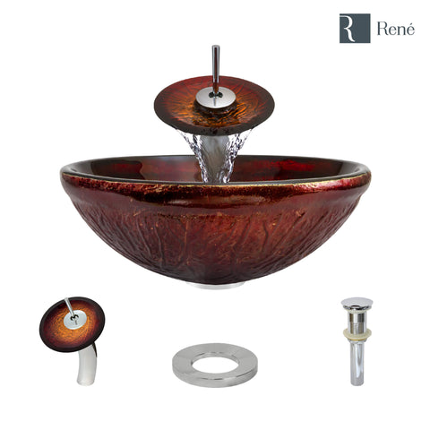 Rene 17" Round Glass Bathroom Sink, Fiery Red, with Faucet, R5-5018-WF-C