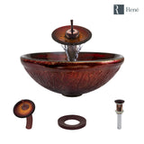 Rene 17" Round Glass Bathroom Sink, Fiery Red, with Faucet, R5-5018-WF-ORB