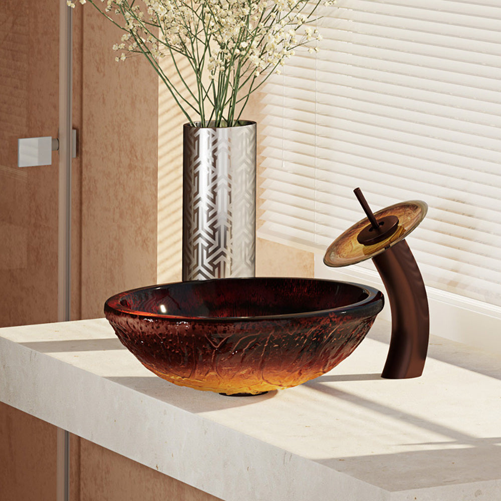 Rene 17" Round Glass Bathroom Sink, Fiery Red, with Faucet, R5-5018-WF-ORB - The Sink Boutique