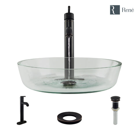 Rene 17" Round Glass Bathroom Sink, Crystal, with Faucet, R5-5024-R9-7001-ABR