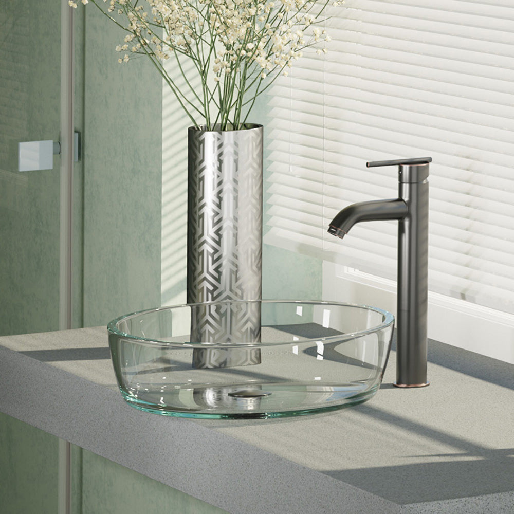 Rene 17" Round Glass Bathroom Sink, Crystal, with Faucet, R5-5024-R9-7001-ABR - The Sink Boutique