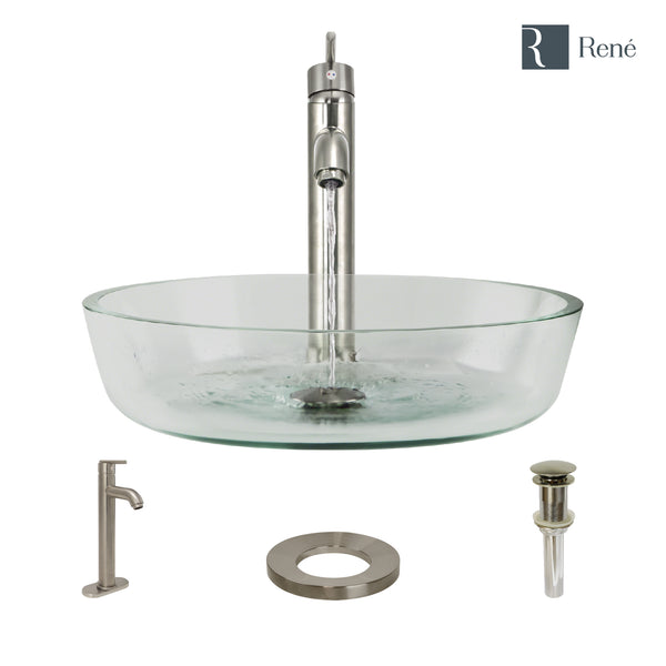 Rene 17" Round Glass Bathroom Sink, Crystal, with Faucet, R5-5024-R9-7001-BN