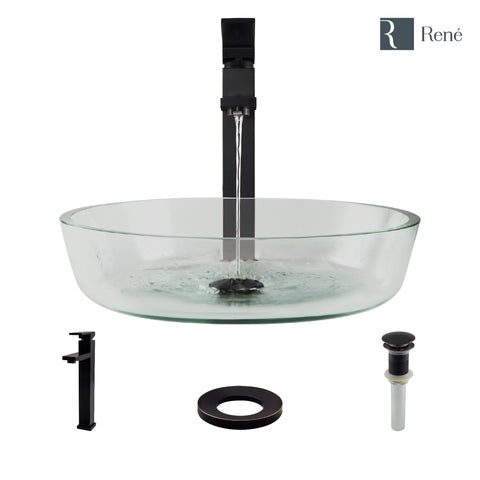 Rene 17" Round Glass Bathroom Sink, Crystal, with Faucet, R5-5024-R9-7003-ABR