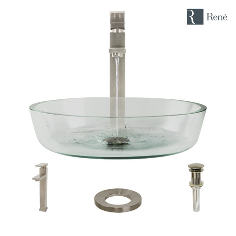 Rene 17" Round Glass Bathroom Sink, Crystal, with Faucet, R5-5024-R9-7003-BN