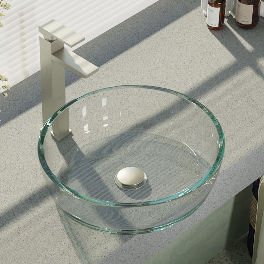 Rene 17" Round Glass Bathroom Sink, Crystal, with Faucet, R5-5024-R9-7003-BN - The Sink Boutique