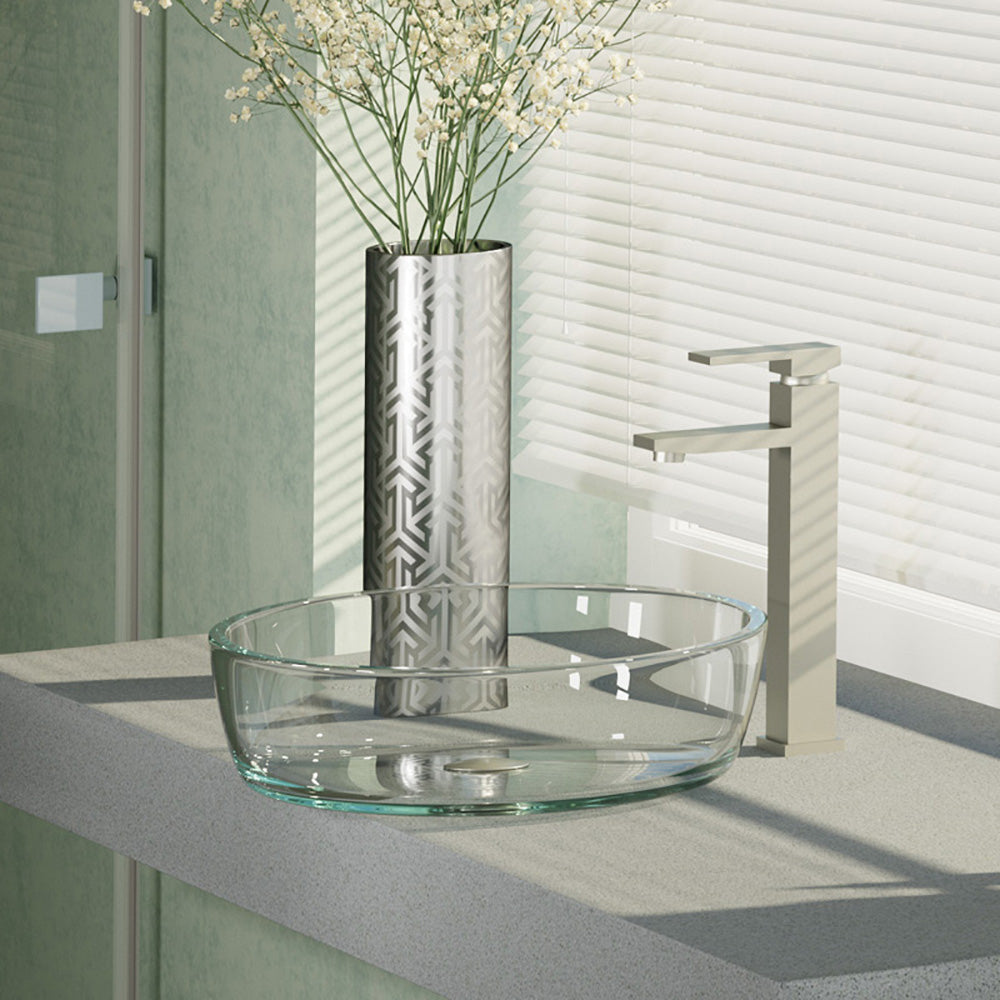 Rene 17" Round Glass Bathroom Sink, Crystal, with Faucet, R5-5024-R9-7003-BN - The Sink Boutique