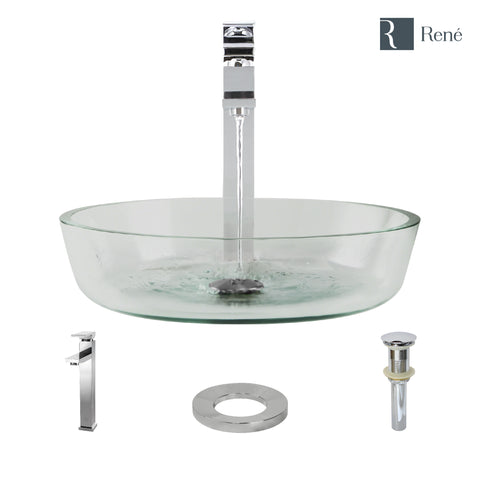 Rene 17" Round Glass Bathroom Sink, Crystal, with Faucet, R5-5024-R9-7003-C