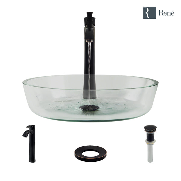 Rene 17" Round Glass Bathroom Sink, Crystal, with Faucet, R5-5024-R9-7006-ABR